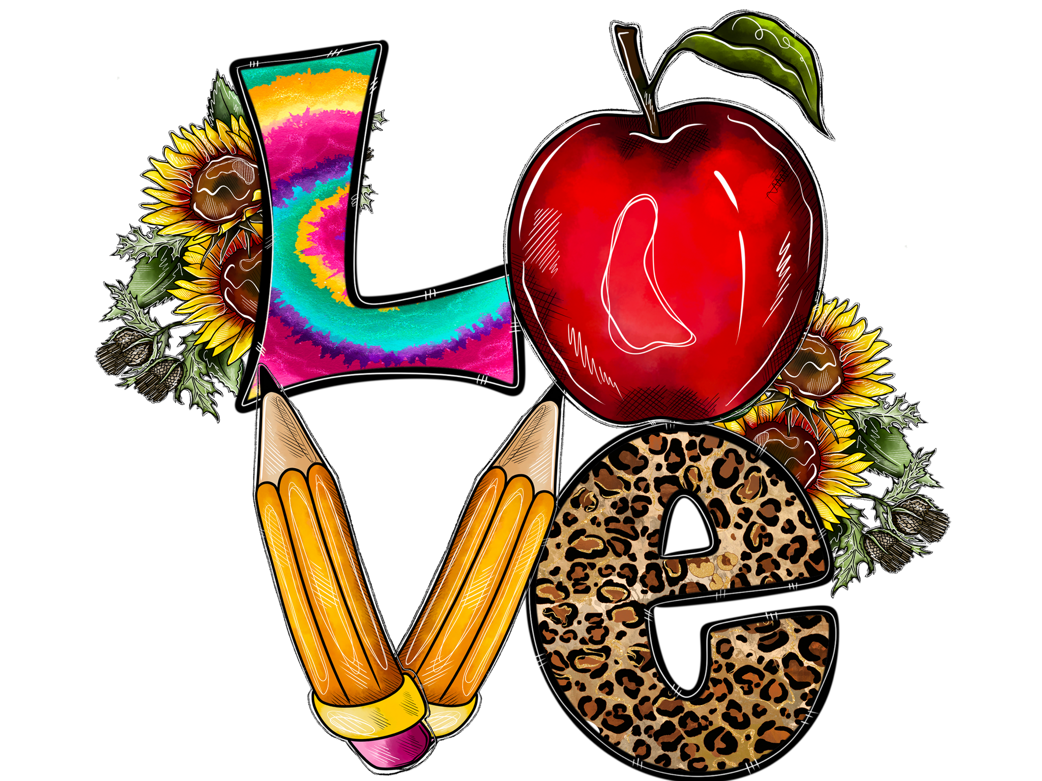 Love Sunflower Tie Dye Pencils DTF Transfer Only